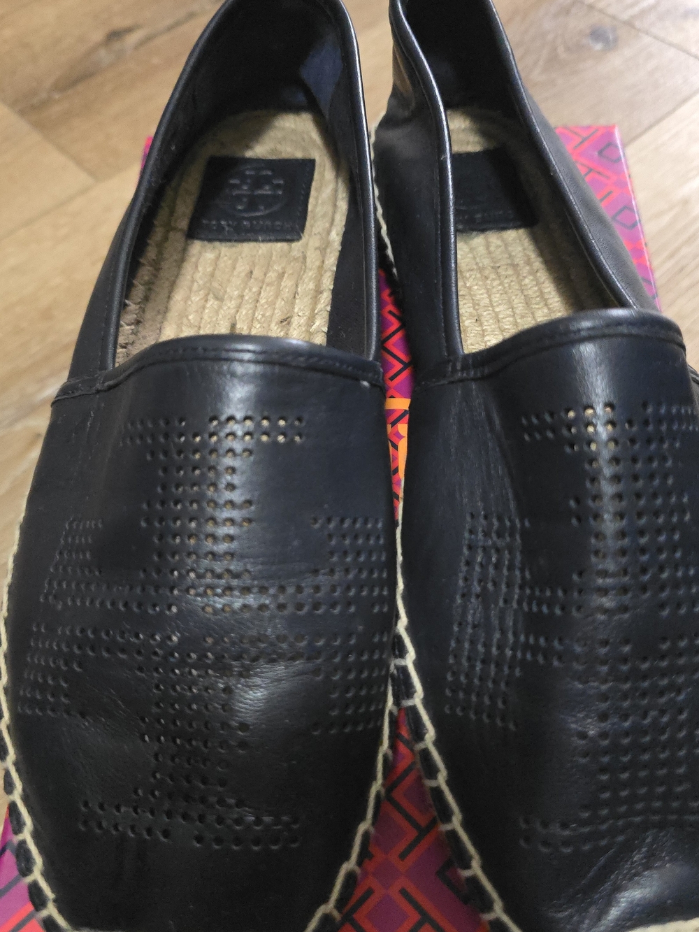 Tory Burch Black Perforated Leather Espadrille Slip-Ons